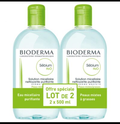 Bioderma - Sébium H2O Eau Micellaire Nettoyante Purifiante Lot de 2 x 500 ml