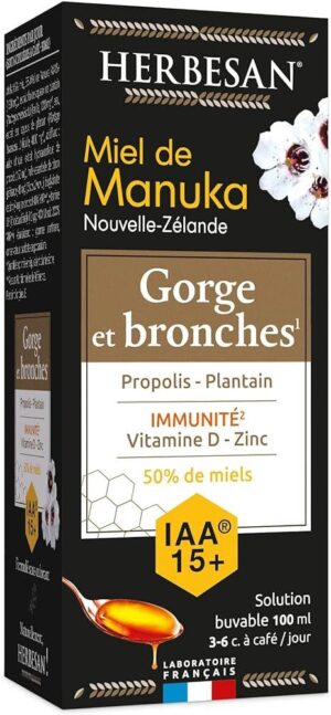 Herbesan - Solution buvable gorge et bronches au miel de manuka 100ml
