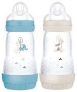 Mam - 2 Biberons Easy Start 260 ml 2 Mois et + Débit 2 - Couleur : Océan/Sable