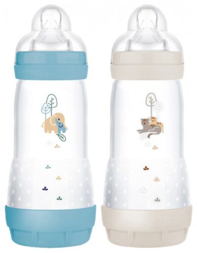 Mam - 2 Biberons Easy Start 320 ml 4 Mois et + Débit 3 - Couleur : océan/sable